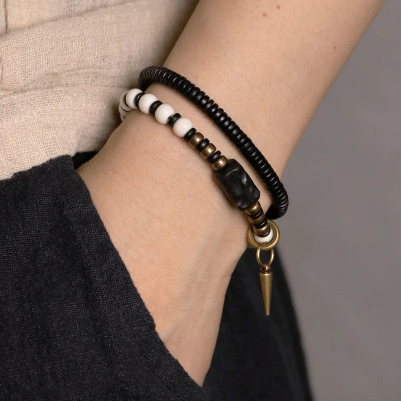 Buddha Stones Bone Beads Ebony Wood Copper Strength Couple Bracelet