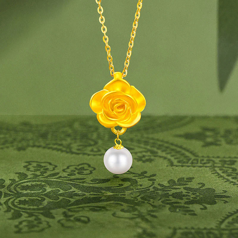 Buddha Stones 999 Sterling Silver Plated Gold Camellia Pearl Healing Necklace Pendant
