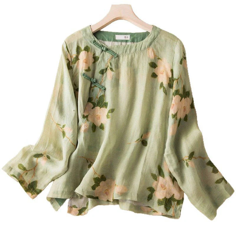 Buddha Stones Lightgreen Casual Artistic Printing Flower Pattern Chinese Frog-Button Design Women's Cotton Linen Long Sleeve Shirt Cardigan