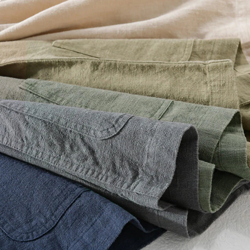 Buddha Stones Commute Fall Solid Color Lapel Men's Long Sleeve Cotton Linen Shirt With Pocket