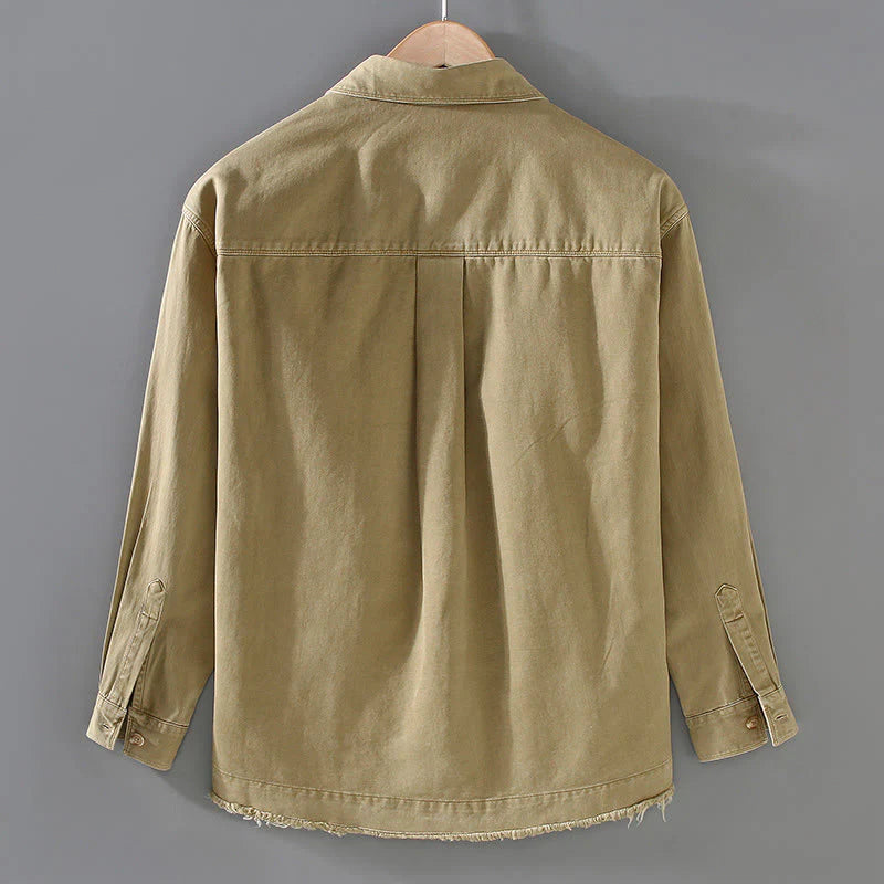 Buddha Stones Men's Pure Color Tassels Hem Design Cotton Long Sleeve Shirt With Pocket