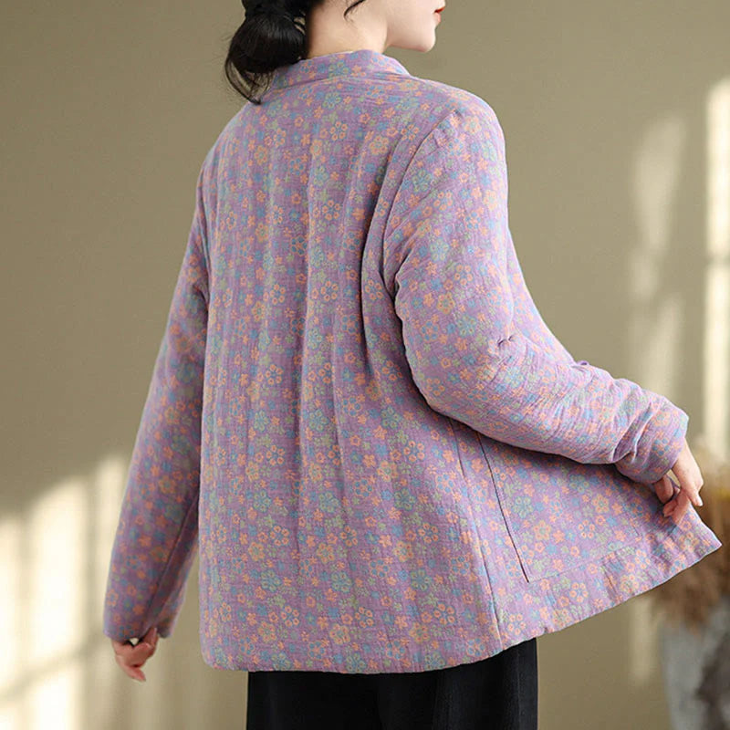 Buddha Stones Women's Winter Thicken Cotton Floral Pattern Long Sleeve Jacket With Pockets