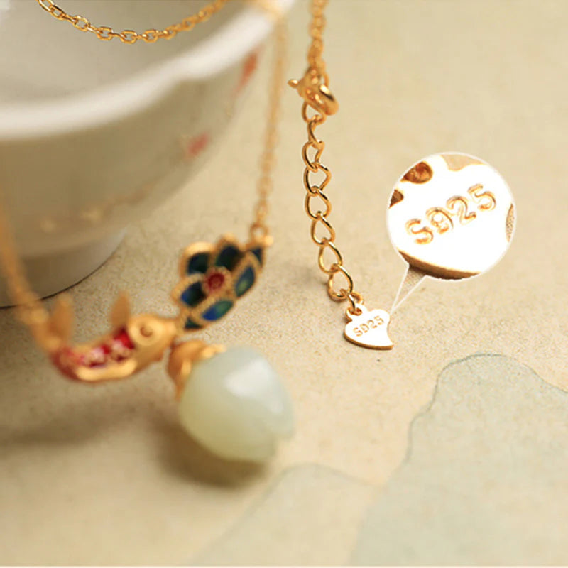 Buddha Stones White Jade Koi Fish Lotus Copper Protection Necklace Pendant