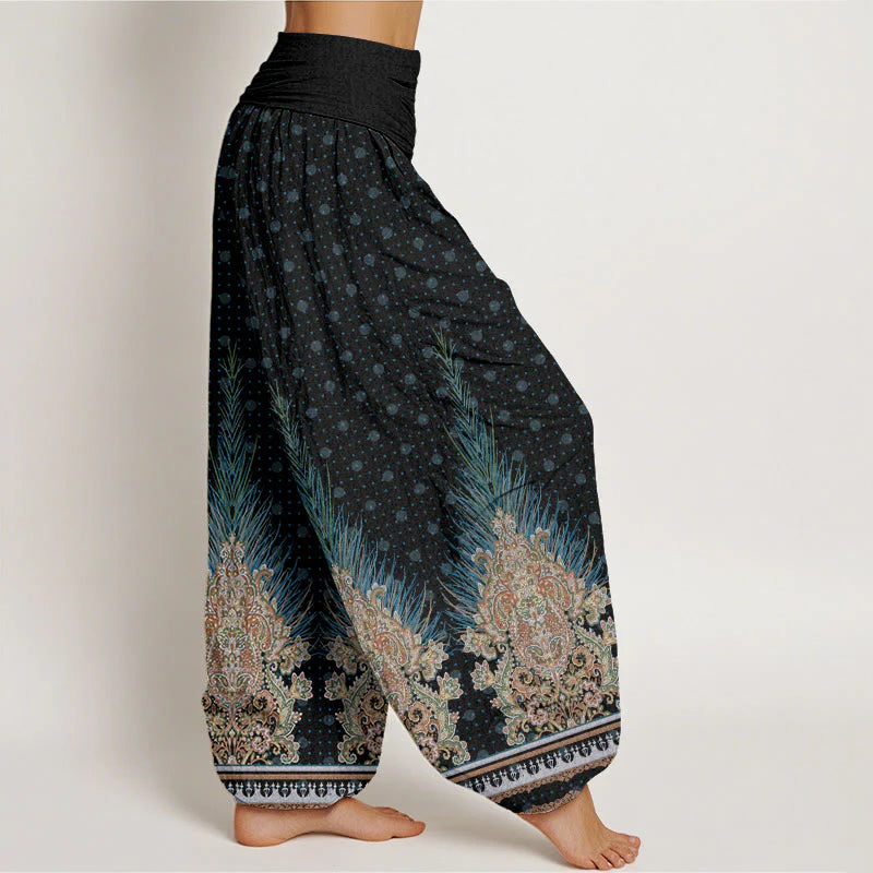 Buddha Stones Cotton Ethnic Peacock Floral Pattern Women's Elastic Waist Harem Pants