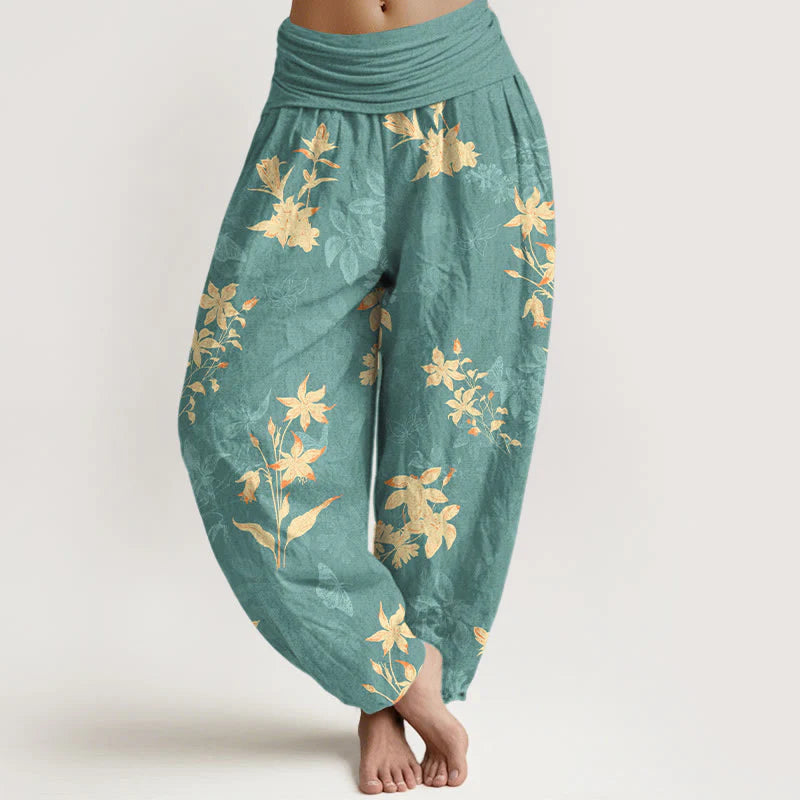 Buddha Stones Cotton Fresh Refined Flower Leaf Pattern Women's Elastic Waist Harem Pants