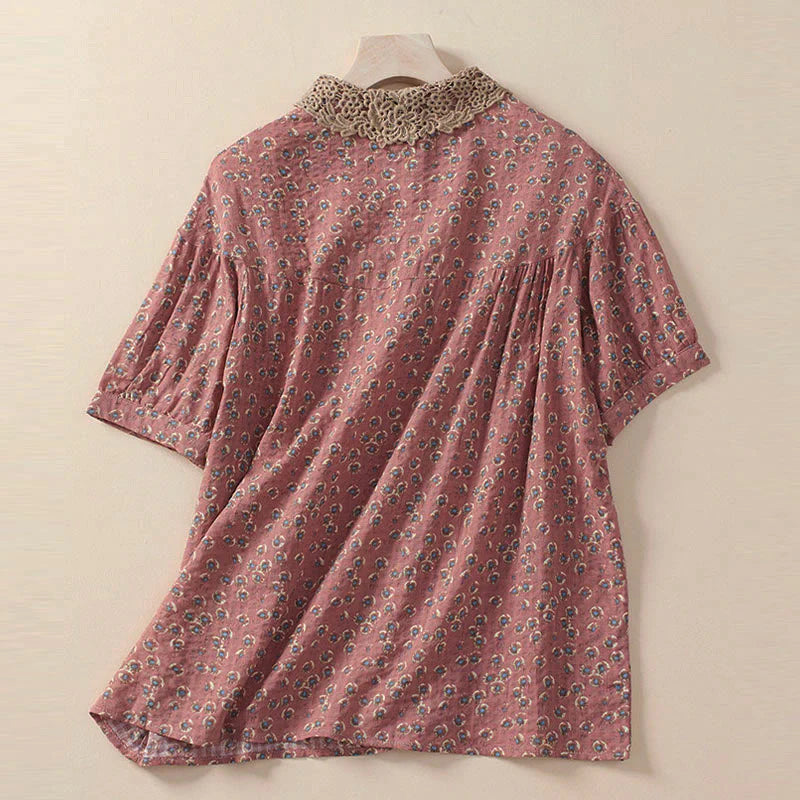 Buddha Stones Front Button Design Floral Print Pattern Women's Cotton Half Sleeve Shirt