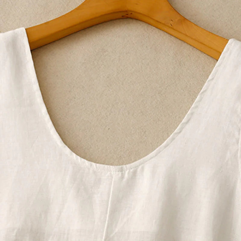 Buddha Stones Summer Daily Casual Pure Color Crew Neck Simple Design Sleeveless Midi Dress With Pockets