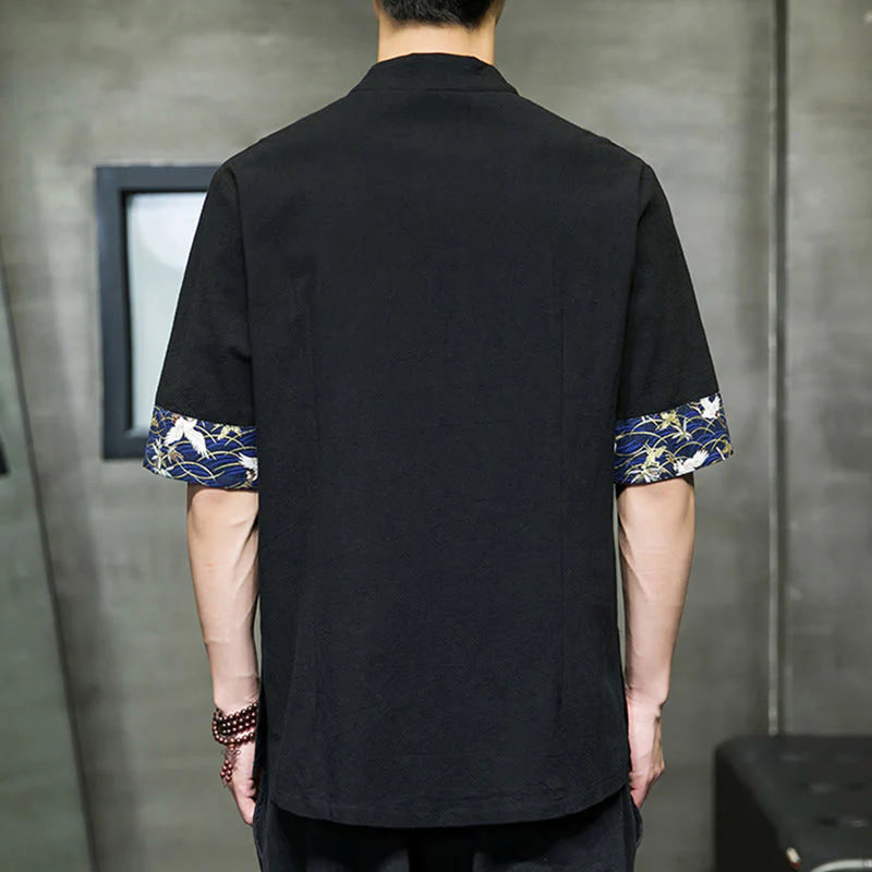 Buddha Stones Solid Color Frog-Button Stand Collar Men's Short Sleeve White Crane Cotton Shirt