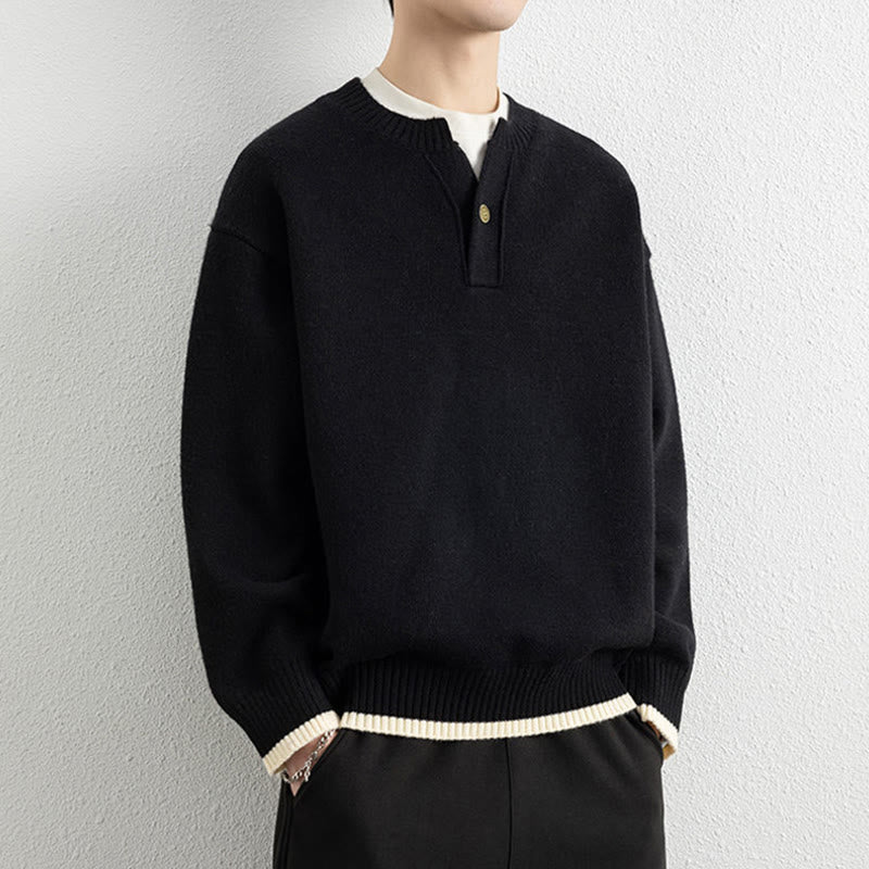 Buddha Stones Winter V-Neck One Button Design Warm Men's Long Sleeve Knitted Sweater