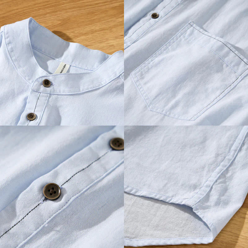 Buddha Stones Summer Solid Men's Half Button Short Sleeve Cotton Shirt