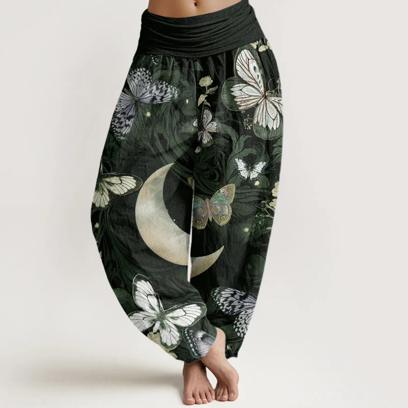 Buddha Stones Cotton Butterfly Flowers Crescent Moon Pattern Design Women's Elastic Waist Harem Pants
