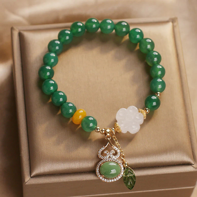 FREE Today: Support and Manifestation Green Agate White Jade Flower Gourd Leaf Charm Bracelet