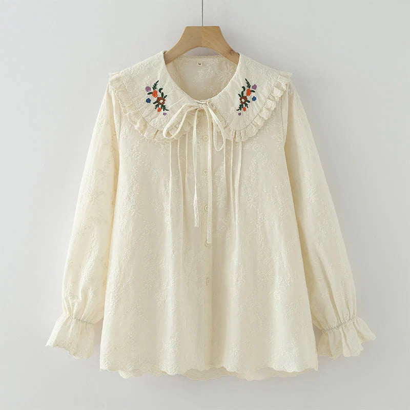 Buddha Stones Fall White Floral Embroidery Peter Pan Collar Buttons Women's Cotton Long Sleeve Shirt