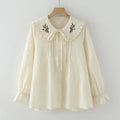 Buddha Stones Fall White Floral Embroidery Peter Pan Collar Buttons Women's Cotton Long Sleeve Shirt
