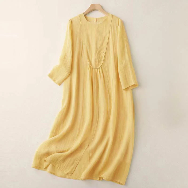 Buddha Stones Commute Solid Color Embroidery Double Layer Crew Neck Long Sleeve Cotton Midi Dress