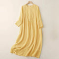 Buddha Stones Commute Solid Color Embroidery Double Layer Crew Neck Long Sleeve Cotton Midi Dress