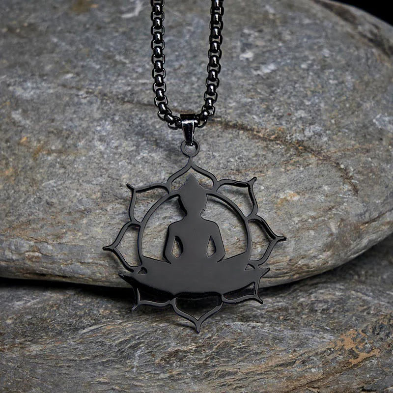Buddha Stones Vintage Lotus Sitting Buddha Design Stainless Steel Enlightenment Necklace Pendant