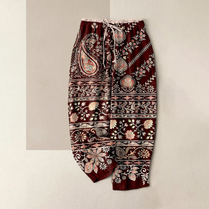 Buddha Stones Pure Cotton Paisley Lotus Pattern Women's Elastic Waist Pants With Pockets