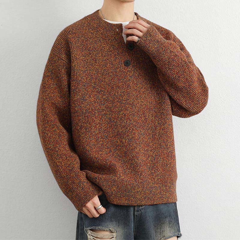 Buddha Stones Winter V-Neck Buttons Ribbed Design Warm Men's Long Sleeve Knitted Sweater