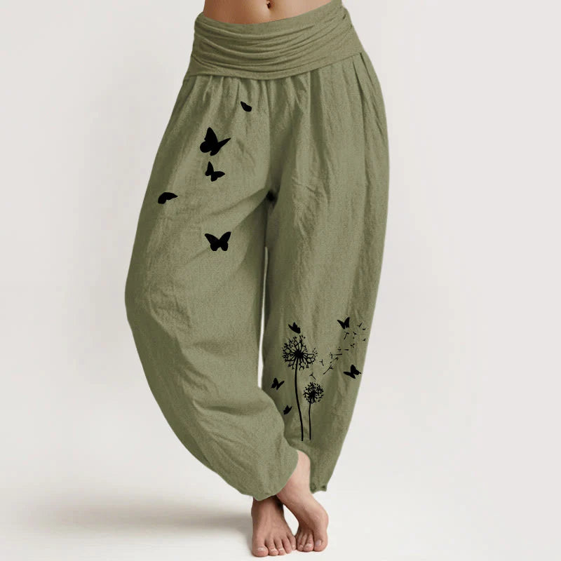 Buddha Stones Pure Cotton Elegant Butterfly Dandelion Pattern Women's Elastic Waist Harem Pants