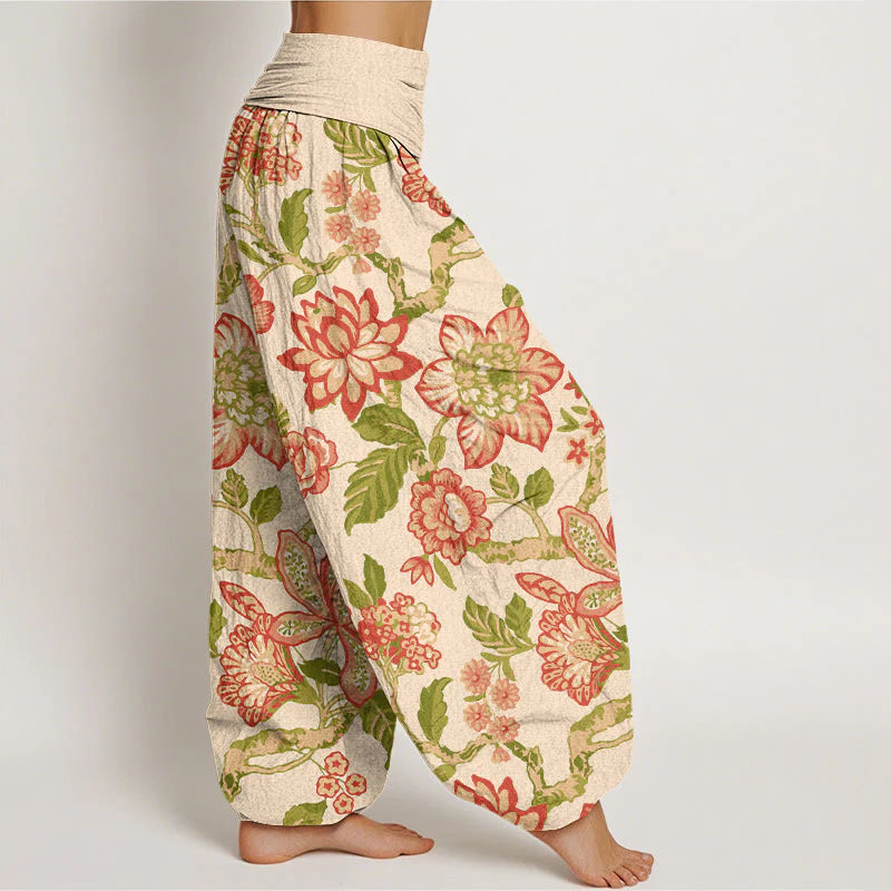 Buddha Stones Pure Cotton Bold Colors Flowers Leaves Branches Bird Pattern Women's Elastic Waist Harem Pants