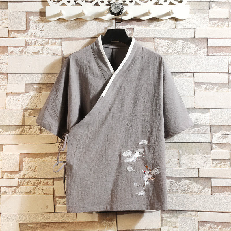 Buddha Stones Embroidered Crane Auspicious Cloud Pattern Open Front Short Sleeve Jacket Men's Cotton Kimono