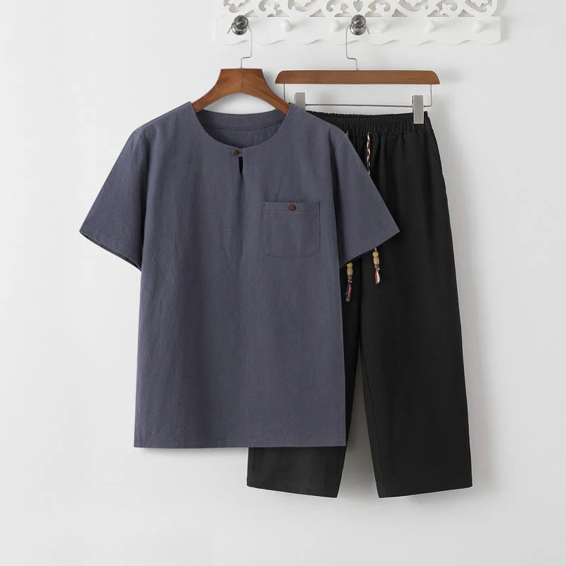 Buddha Stones Summer 2Pcs Plain Short Sleeve T-Shirt 7-8 Length Pants Cotton Linen Tang Suit Men's Meditation Cloth Set With Pockets