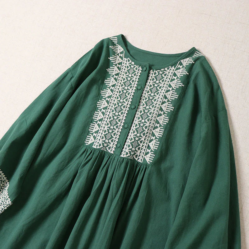 Buddha Stones Casual Artistic Geometric Embroidery Button Front Long Lantern Sleeve Cotton Linen Midi Dress