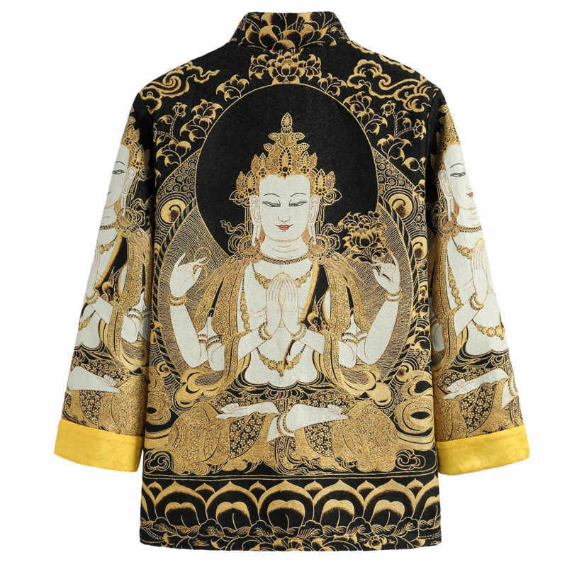 Buddha Stones Avalokitesvara Guanyin Frog-Button Long Sleeve Men's Jacket