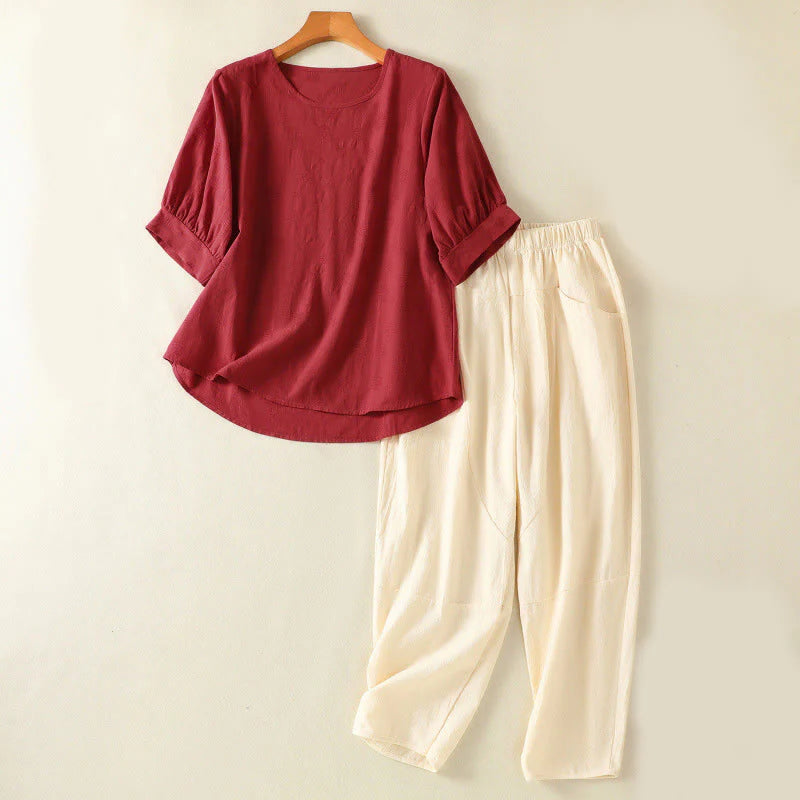 Buddha Stones 2pcs Plain Women's Short Sleeve Shirt Harem Pants Meditation Clothing Set