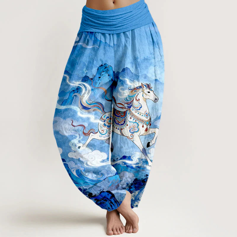 Buddha Stones Cotton Gorgeous Mountain Horse Cloud Pattern Women's Elastic Waist Harem Pants