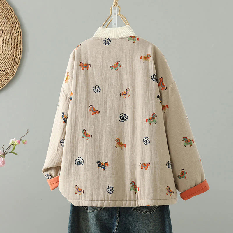 Buddha Stones Horse Fu Character Pattern Frog-Button Design Women's Long Sleeve Thickened Jacket