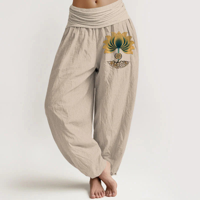Buddha Stones Pure Cotton Harmonious Color Scheme Lotus Pattern Women's Elastic Waist Harem Pants