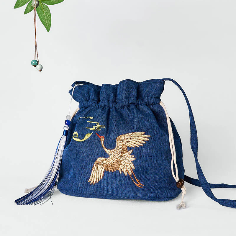 Buddha Stones Embroidered Navy Blue Crane Cotton Linen Crossbody Bag Shoulder Bag