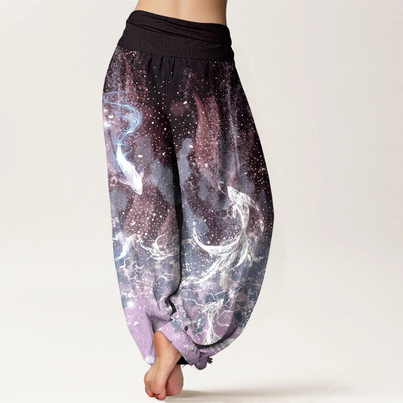 Buddha Stones Cotton Koi Fish Aquatic Pattern Women's Elastic Waist Harem Pants