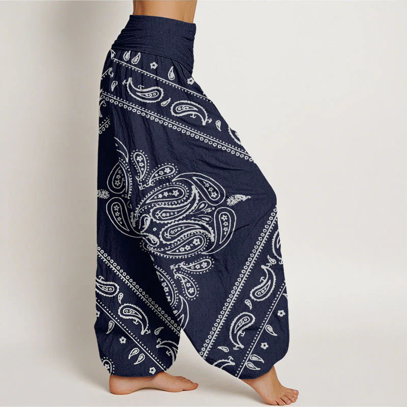 Buddha Stones Cotton Casual Floral Leaf Paisley Pattern Women's Elastic Waist Harem Pants