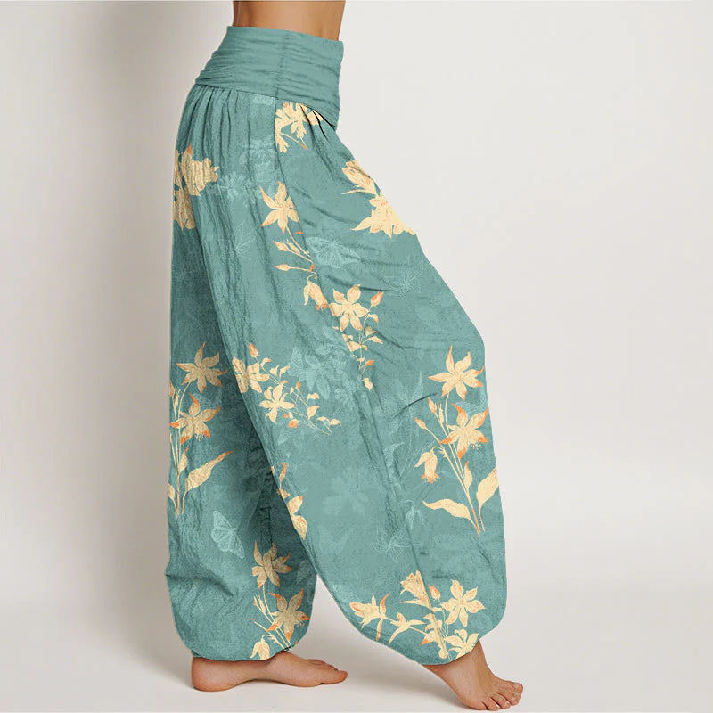 Buddha Stones Cotton Fresh Refined Flower Leaf Pattern Women's Elastic Waist Harem Pants