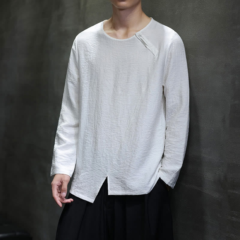 Buddha Stones Solid Color Loose Long Sleeve Round Neck Men's Shirts