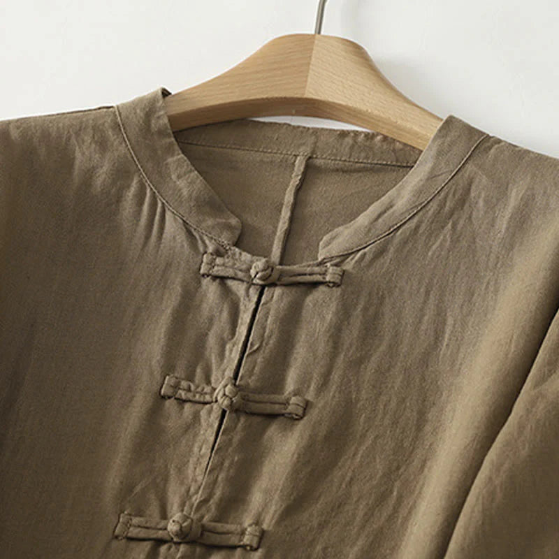 Buddha Stones Fall Solid Color Frog-Button Stand Collar Three Quarter Sleeve Mid-length Women's Cotton Shirt