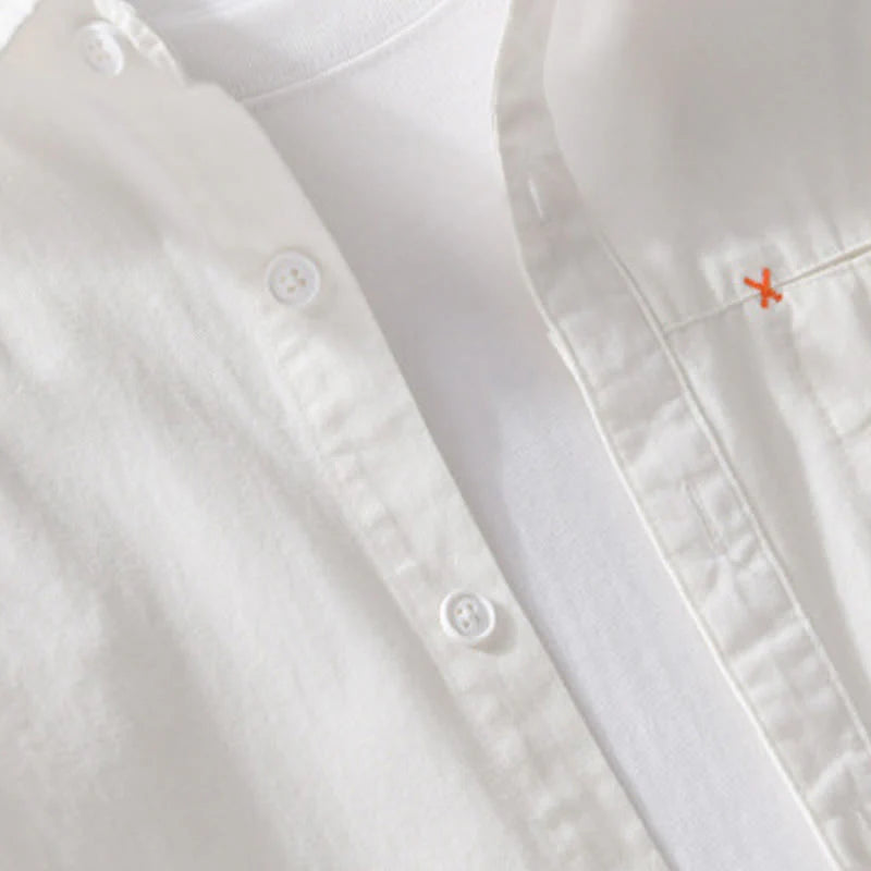 Buddha Stones Spring Solid Buttons Down Decorative Pocket Men's Stand Collar Long Sleeve Cotton Shirt