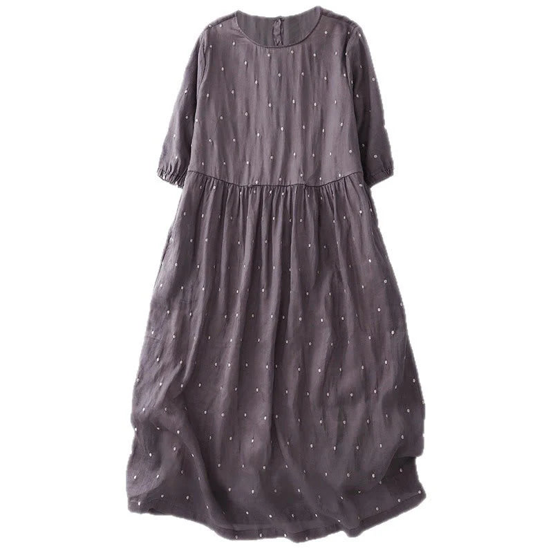 Buddha Stones Back Button Dot Pattern Half Sleeve Cotton Linen Midi Dress With Pockets