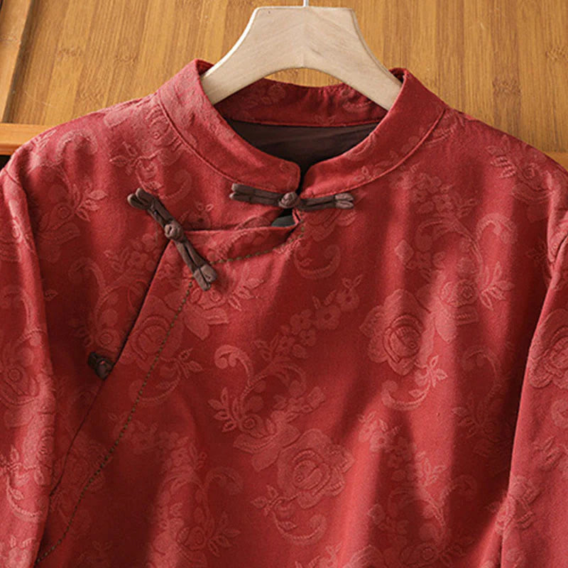 Buddha Stones Fall Jacquard Floral Print Frog-Button Stand Collar Long Sleeve Women's Cotton Shirt