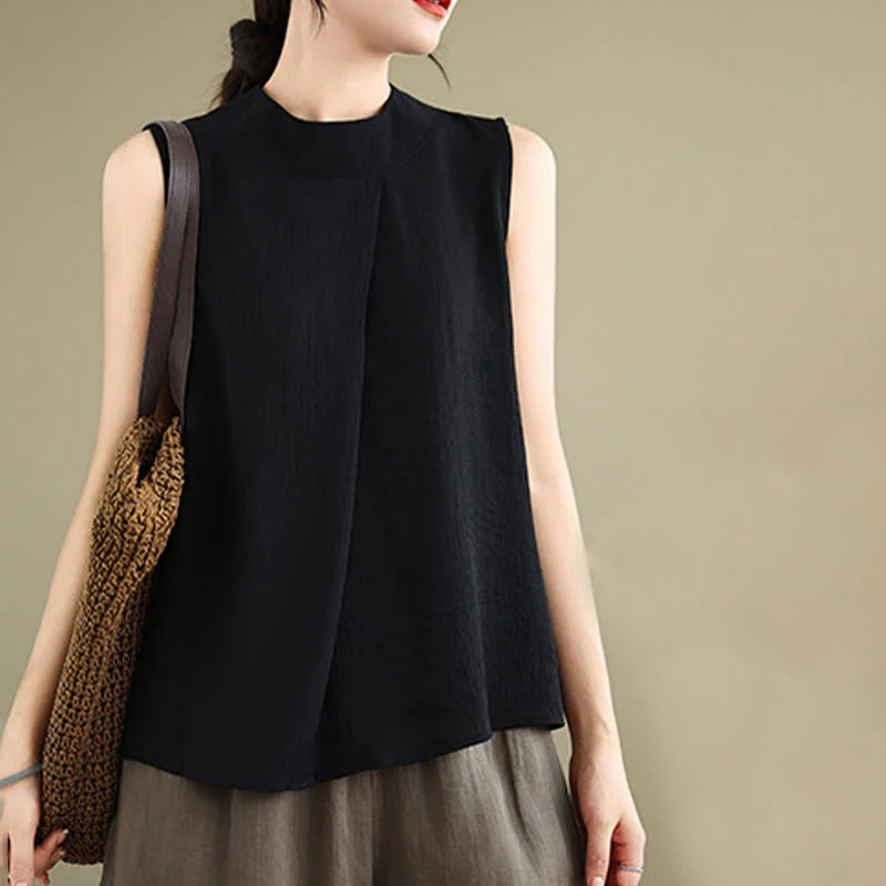 Buddha Stones Casual Plain Back Buttom Design Stand Collar Cotton Linen Women's Sleeveless Vest