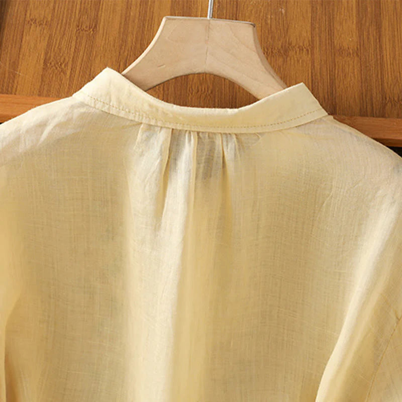 Buddha Stones Casual Plant Embroidery Stand Collar Women's Cotton Blend Three Quarter Sleeve Shirt