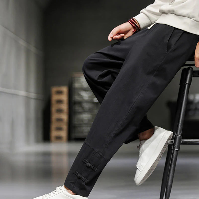 Buddha Stones Drawstring Elastic Waist Frog-Button Ankle-Length Men's Cotton Pants With Pockets