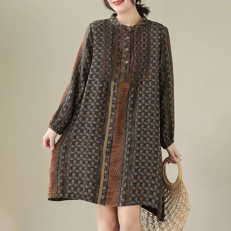 Buddha Stones Retro Printed Floral Women's Accordion Pleats Design Long Sleeve Shirt With Pockets
