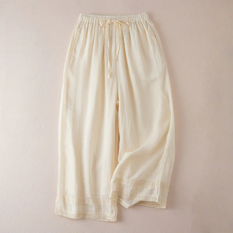 Buddha Stones Casual Lining Design Cotton Women's 7-8 Length Wide Leg Pants With Pockets
