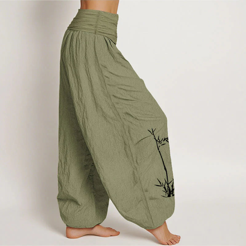Buddha Stones Pure Cotton Concise Bamboo Butterfly Pattern Women's Elastic Waist Harem Pants