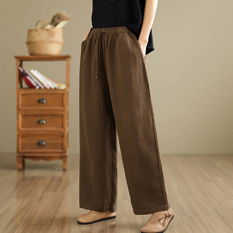 Buddha Stones Commute Retro Solid Color Women's Harem Drawstring Cotton Pants With Pockets