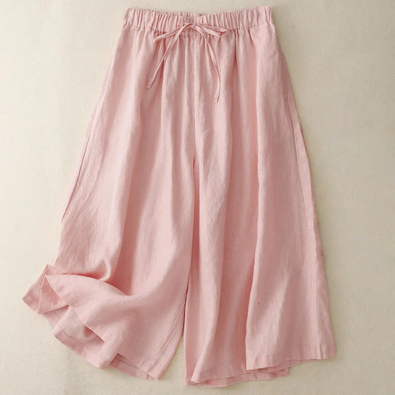 Buddha Stones Summer Elastic Waist Women's Capri Cropped Wide Leg Pants With Pockets